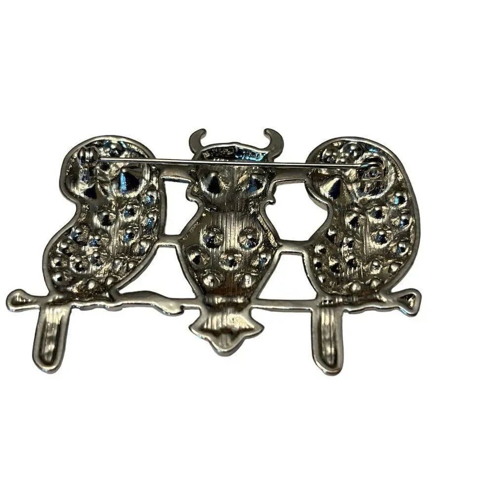 Silver Horned Owl on Branch Brooch Trio of Owls Crystals Rhinestone Eyes Costume - Picture 5 of 5